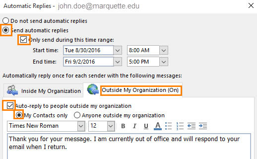 Make selections for automatic replies to emails from outside the MU network.