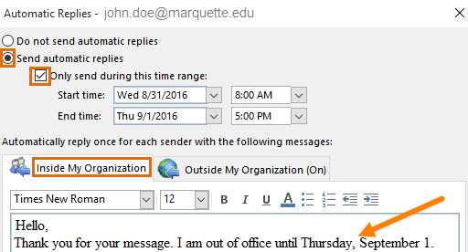 Select options for Out of Office for replies to emails on the MU network.