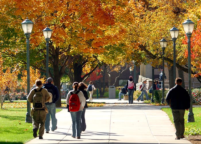 Students on Central Mall in autumn