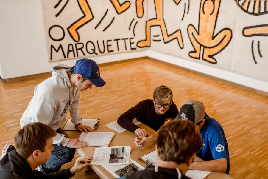 marquette group at haggerti museum lobby brainstorming